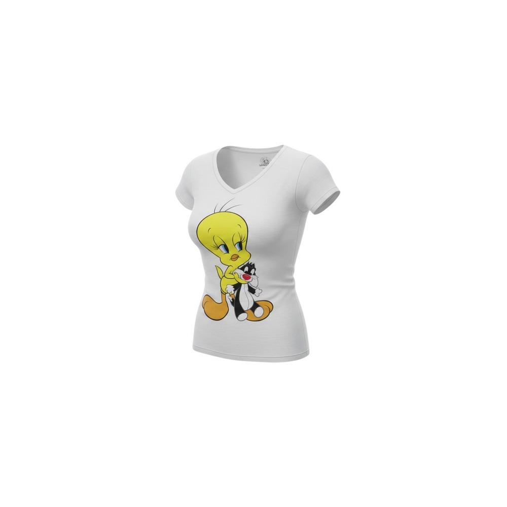 Looney Tunes Graphic Tee Womens XL White Tweety Bird Sylvester V-Neck T-Shirt